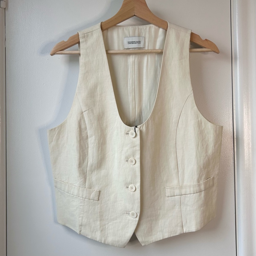 Massimo Dutti Cream Linen-Blend Tailored Vest